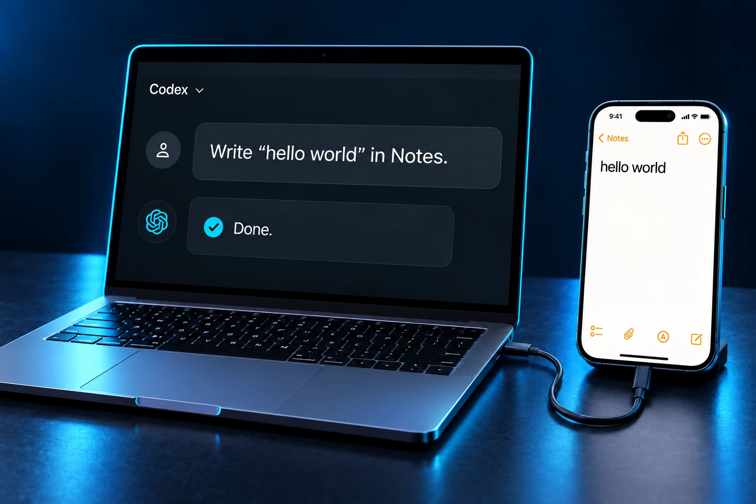 Ноутбук із завданням для Codex та під’єднаний через USB iPhone з готовою нотаткою