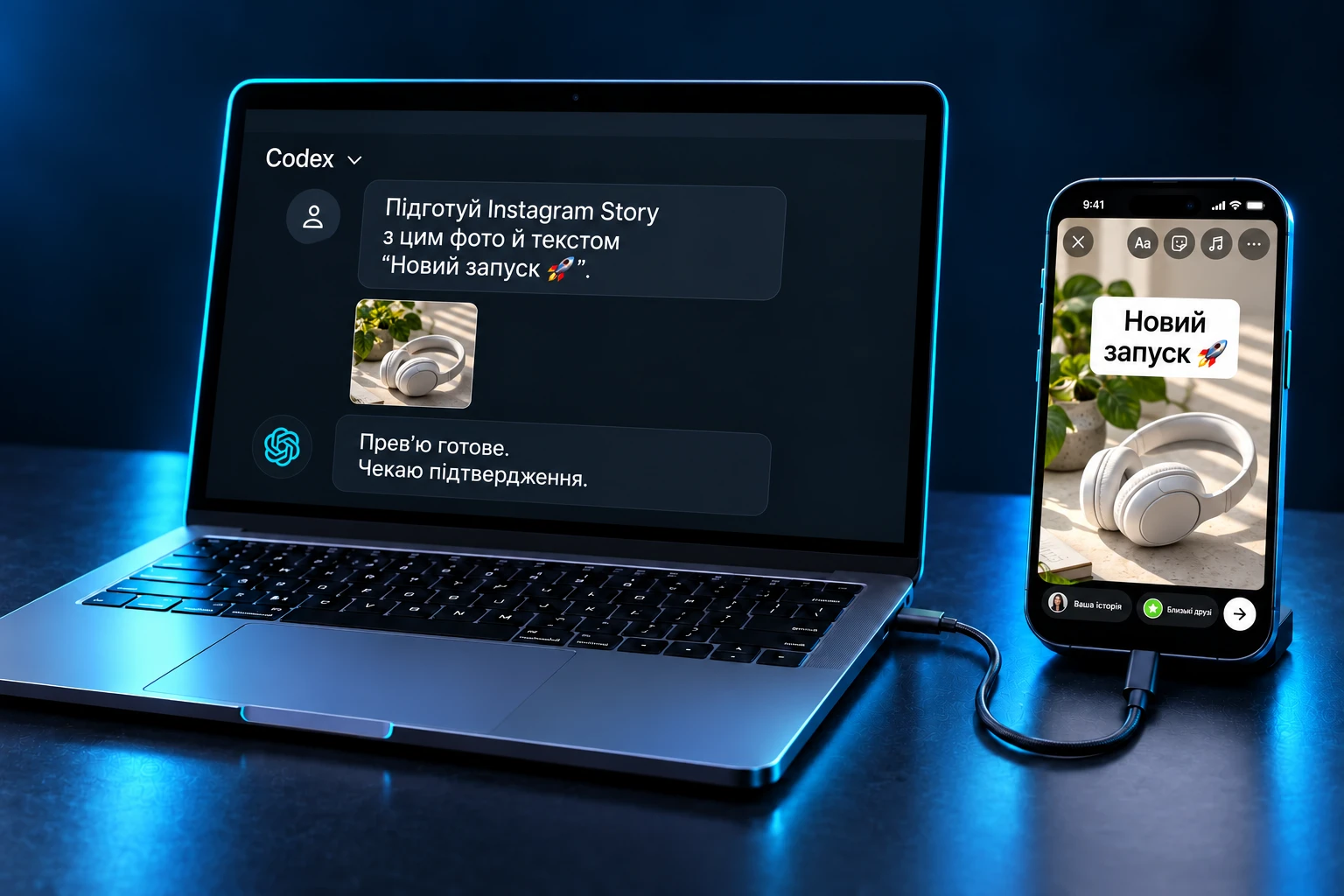 Український запит у Codex: підготувати Instagram Story; на iPhone через USB — прев’ю сторіс «Новий запуск 🚀»
